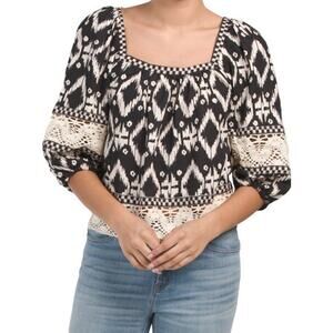 Christian Siriano Womens Boho Southwestern Beachy Linen Blend Crochet Top Size M